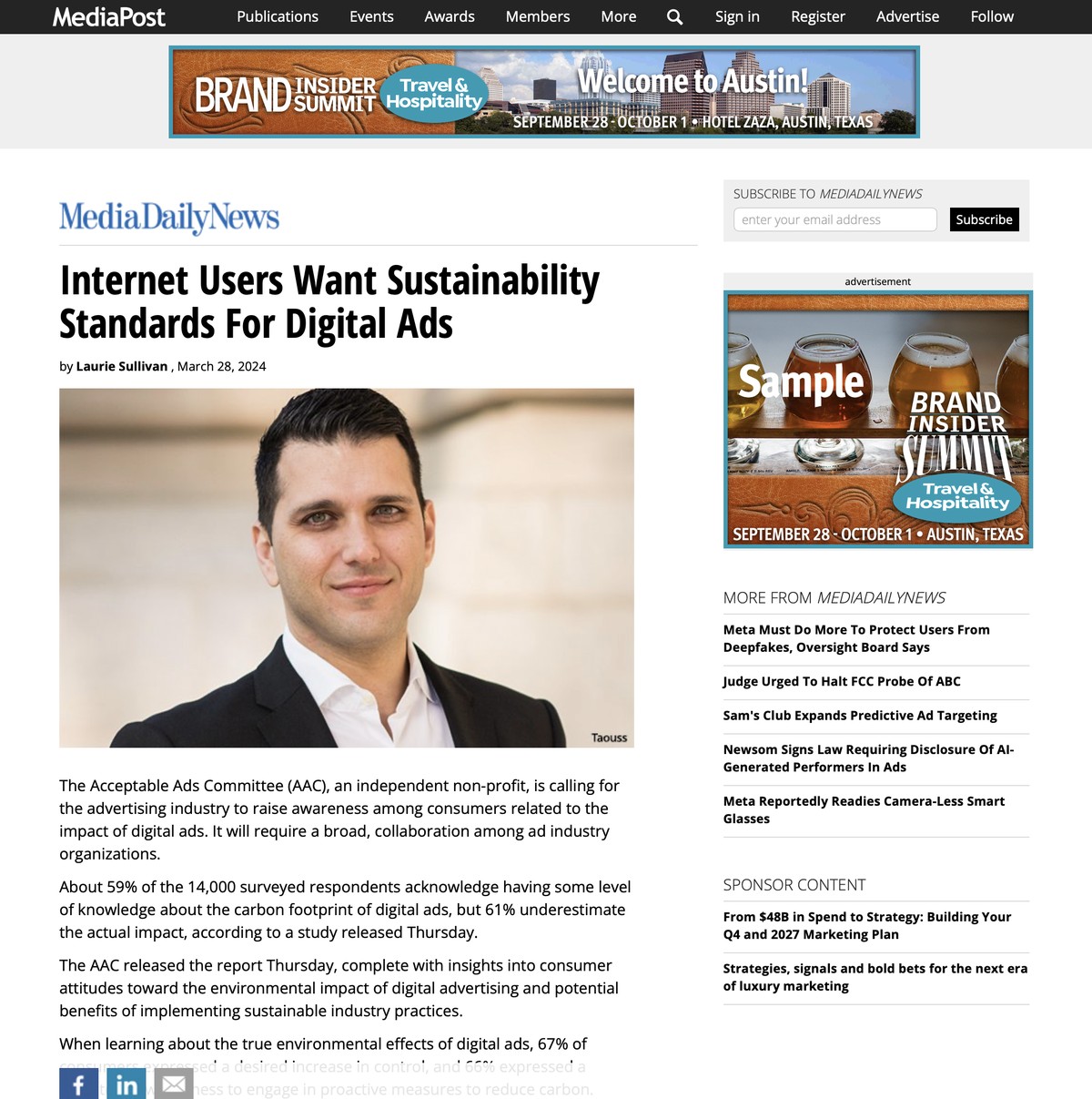 Screenshot of the MediaPost article "Internet Users Want Sustainability Standards For Digital Ads," featuring a photo of Terry Taouss